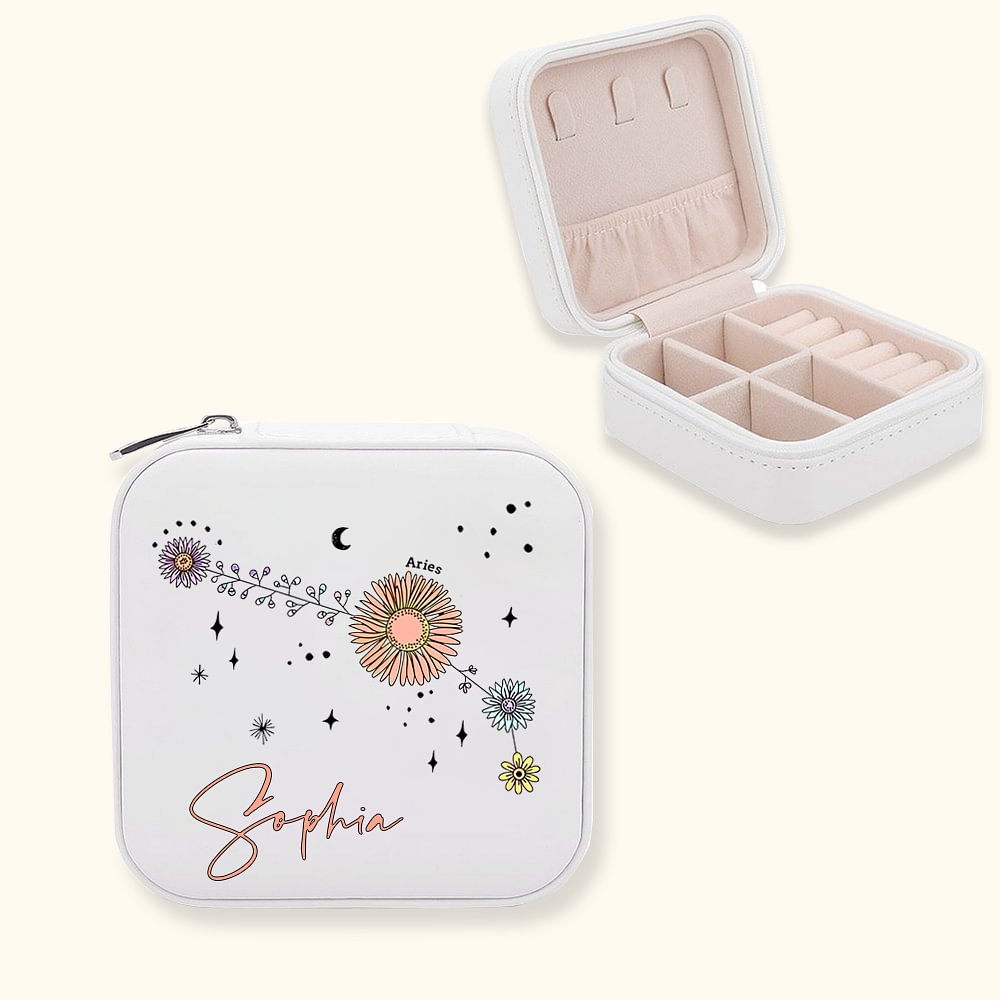Boîte à Bijoux Personnalisée avec Nom et Motif de Constellation Florale Accessoire Portable Cadeau Anniversaire pour Femme