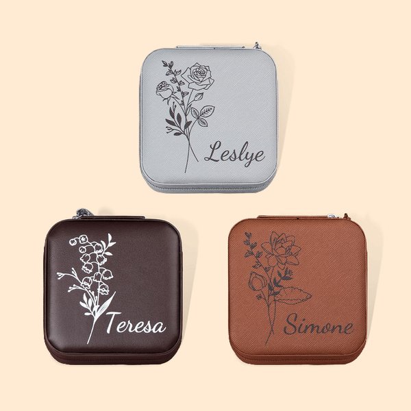 Boîte à Bijoux Personnalisée avec Nom et Fleur de Naissance Cadeau Anniversaire Voyage Fête pour Mariée Demoiselle d'Honneur