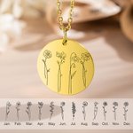 Personalized Birth Flowers Necklace with 1-4 Engraved Names Anniversary Mother's Day Gift for Her