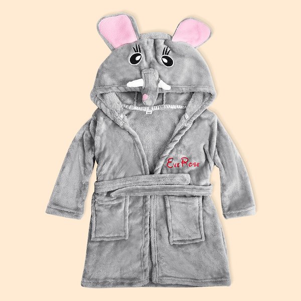 Peignoir à capuche en flanelle pour bébé avec nom brodé et éléphant personnalisé