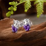 Personalized Cute Highland Cow Sterling Silver Stud Earrings with Heart Birthstone Dainty Jewelry Birthday Valentine's Day Gift for Women Girls