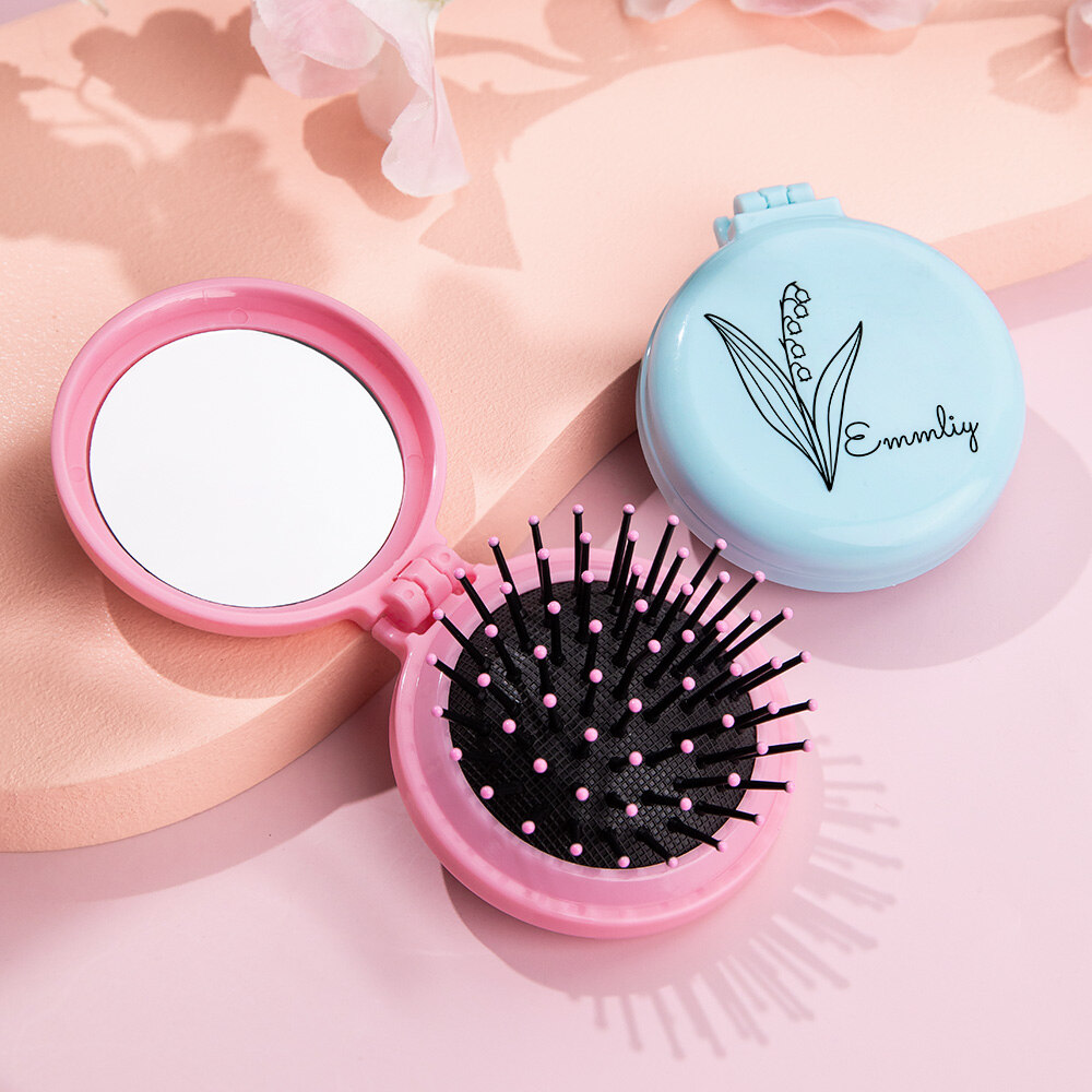 10 Stück Faltbare Mini-Haarbürsten Mit Spiegel – Runde Taschenbürste Für Damen & Mädchen, Schwarz