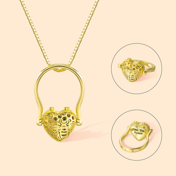Collier de Bague Personnalisée avec 1-8 Pierres de Naissance et Photo Pendentif en Forme de Cœur d'Abeille Évidé Cadeau pour Maman Petite Amie Famille