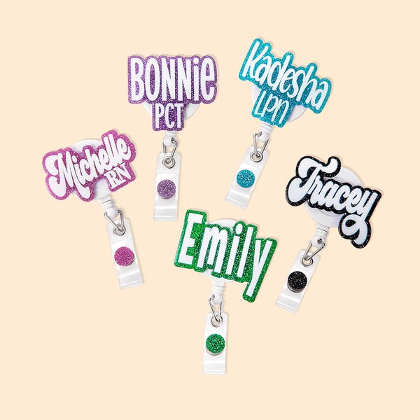 Personalized Glitter Sequin Acrylic Badge Reel with Name Gift for Nurse Doctor