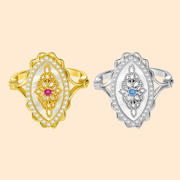 Personalized Natural Mother of Pearl Base Lace Vintage Style Adjustable Ring with Birthstone