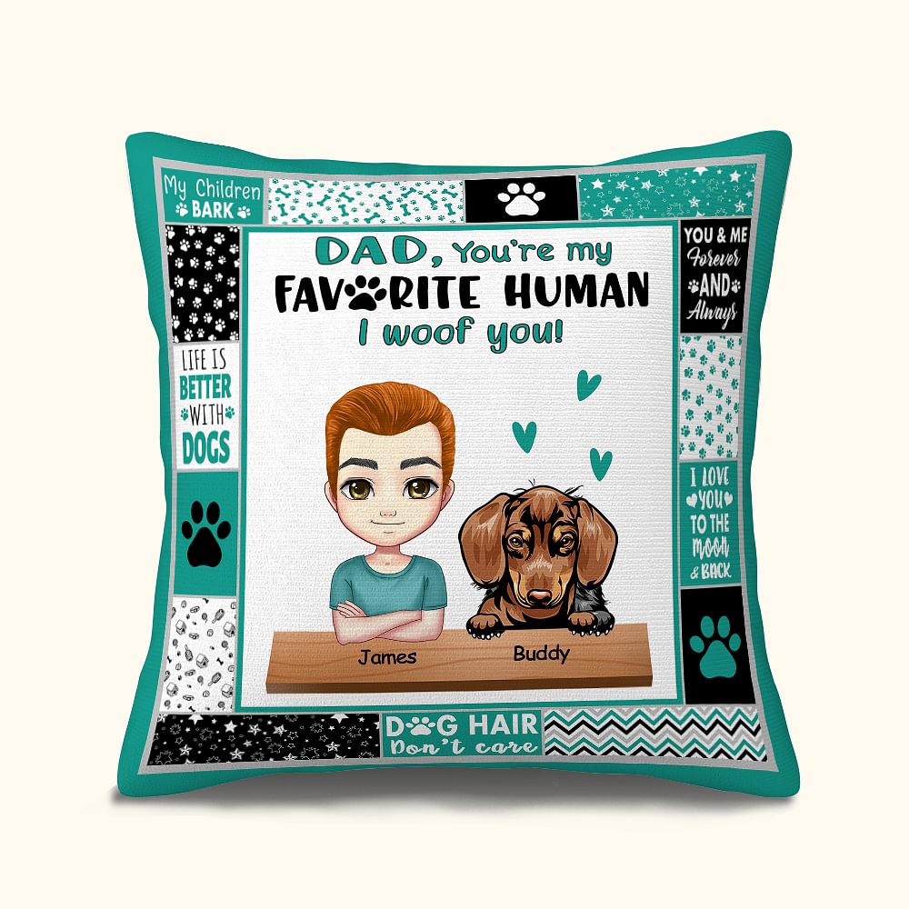 Housse de Coussin Personnalisée avec Noms Dessins Chien Personnage Cadeau Emménagement Fête des Pères pour Homme Amoureux de Chien