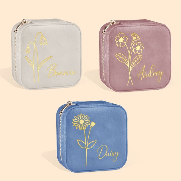 Coffret à Bijoux en Velours Personnalisé avec Nom et Fleur de Naissance Accessoire de Voyage Cadeau Mariage pour Mère Femme Demoiselle d'Honneur