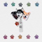 Personalizada Pintura Estilo Pet Retrato Insignia Carrete con Glitter Paw Print Charm para Veterinario Enfermera Pet Lover Regalo