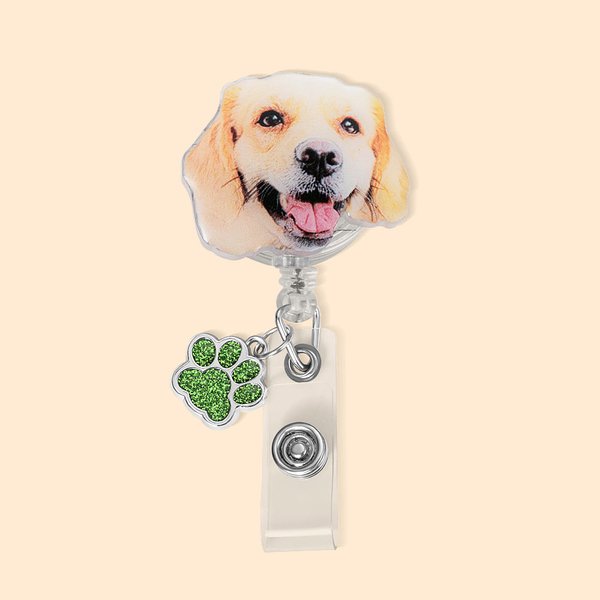 Gepersonaliseerd schilderij stijl huisdier portret Badge Reel met glitter pootafdruk Charm voor dierenarts verpleegkundige Pet Lover Gift