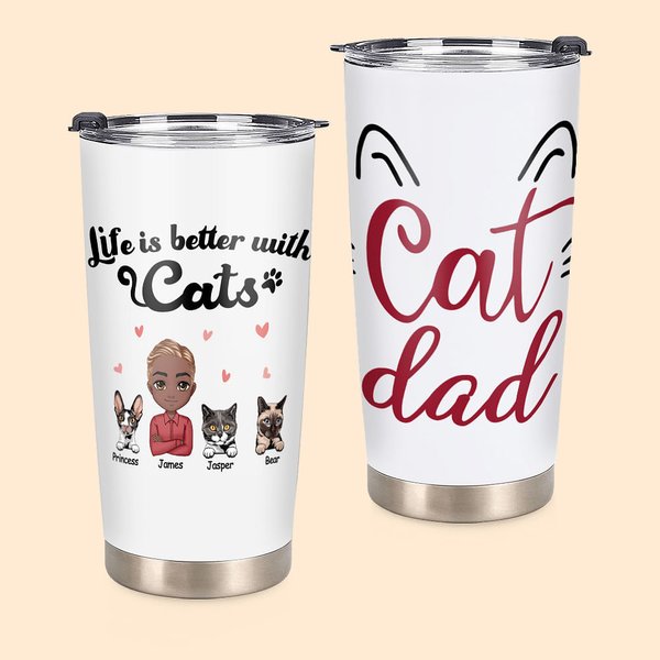 Henkilökohtainen elämä on parempaa kissojen kanssa 20oz eristetty lasipullo, jossa on nimi ja kansi Isänpäivä kiitospäivä lahja kissan isälle lemmikkieläinten ystävälle