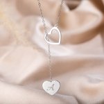 Personalizado Dainty Doble Corazón Lariat Collar de Plata de Ley con la inicial grabada Día de la Madre Aniversario de regalo para las mujeres