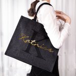 Personalised Black Jute Tote Bag with Name and Initial Birthday Wedding Party Gift for Women