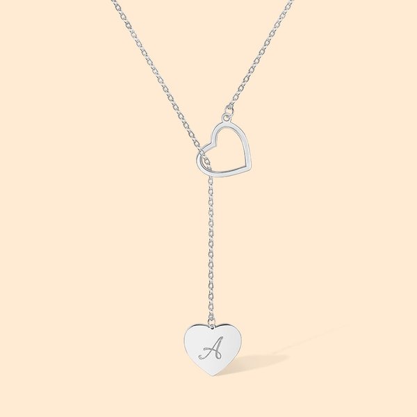 Personalizado Dainty Doble Corazón Lariat Collar de Plata de Ley con la inicial grabada Día de la Madre Aniversario de regalo para las mujeres