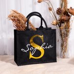 Personalised Black Jute Tote Bag with Name and Initial Birthday Wedding Party Gift for Women