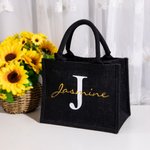 Personalised Black Jute Tote Bag with Name and Initial Birthday Wedding Party Gift for Women