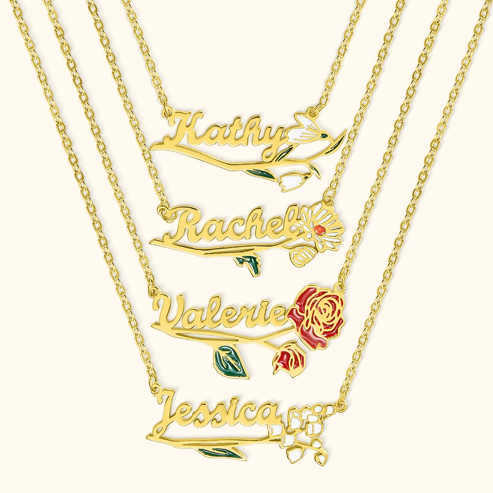 Chaîne avec Nom Personnalisé Collier de Fleur de Naissance Cadeau d'Anniversaire pour Elle