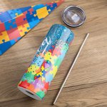 Personalisierte bunte Puzzle Autismus Bewusstsein Skinny Edelstahl Becher Vakuum isoliert mit Strohhalm 20oz Wasser Tumbler