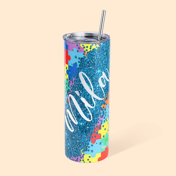Personalised Colourful Puzzle Autism Awareness Skinny Stainless Steel Tumbler Vacuum Insulated  with Straw 20oz Water Tumbler