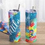 Personalisierte bunte Puzzle Autismus Bewusstsein Skinny Edelstahl Becher Vakuum isoliert mit Strohhalm 20oz Wasser Tumbler