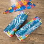 Personalisierte bunte Puzzle Autismus Bewusstsein Skinny Edelstahl Becher Vakuum isoliert mit Strohhalm 20oz Wasser Tumbler