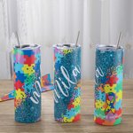 Personalisierte bunte Puzzle Autismus Bewusstsein Skinny Edelstahl Becher Vakuum isoliert mit Strohhalm 20oz Wasser Tumbler