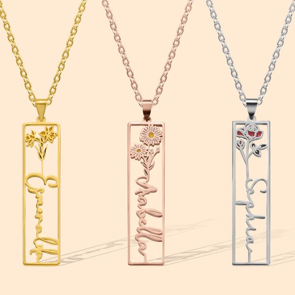 Collier Prénom Vertical Personnalisé avec Fleur de Naissance Cadeau Fête des Mères pour Femme