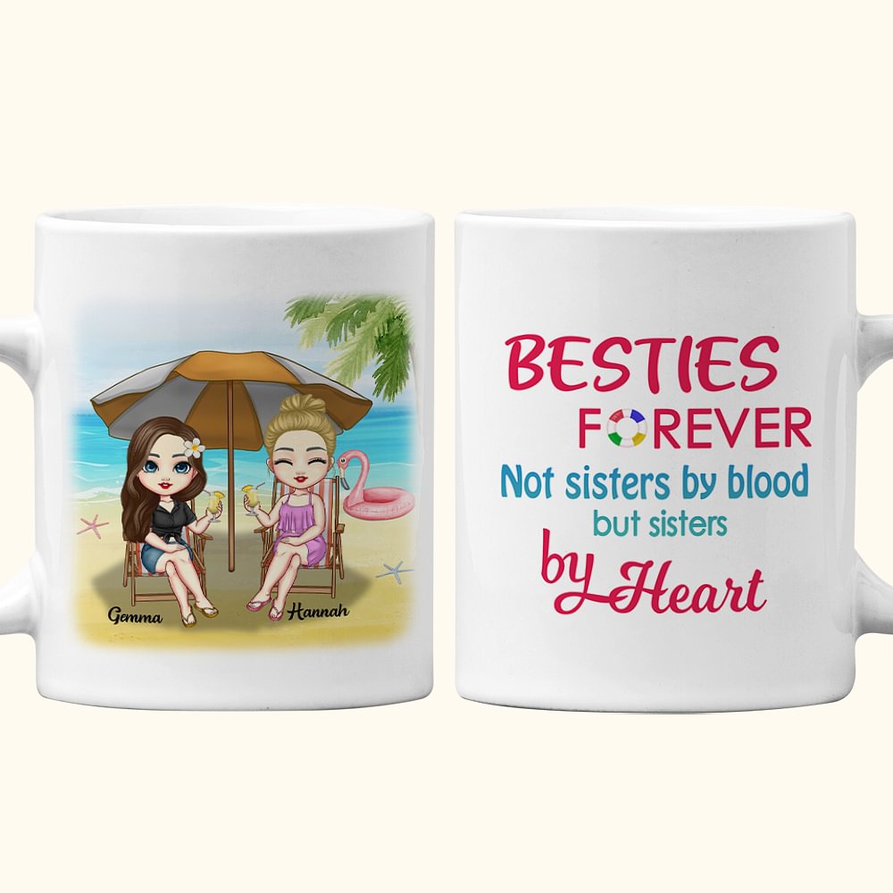 Tasse à café personnalisée Bestie Quotes Forever Not Sisters by Blood But Sisters by Blood Beach White Ceramic Mug Birthdays Coffee Mug