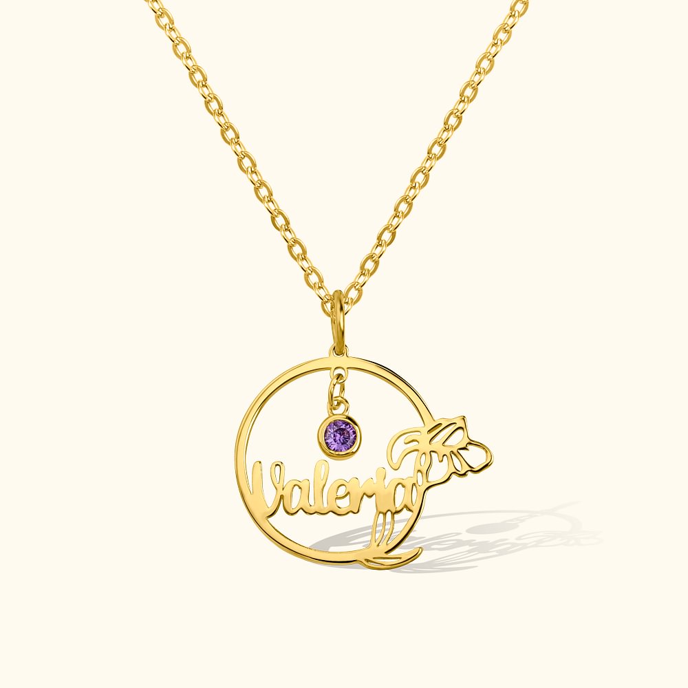 Collier Prénom Fête des Mères Personnalisé avec Fleur et Pierre de Naissance Bijoux en Argent Sterling Cadeau Anniversaire Fête pour Femme