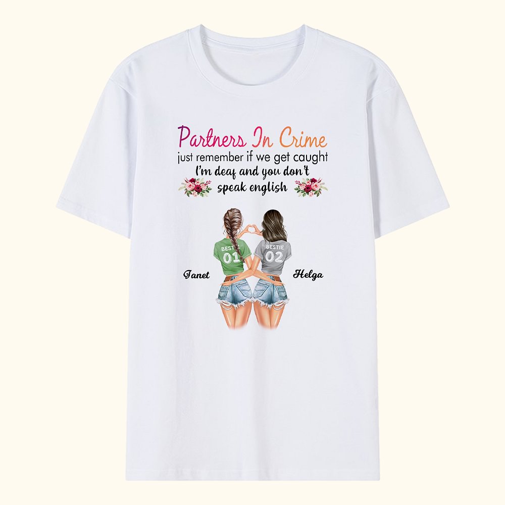 T-shirt personnalisé Partners In Crime Bestie Quotes Friendship pour les femmes Sisiters Basic Unisex T-Shirt
