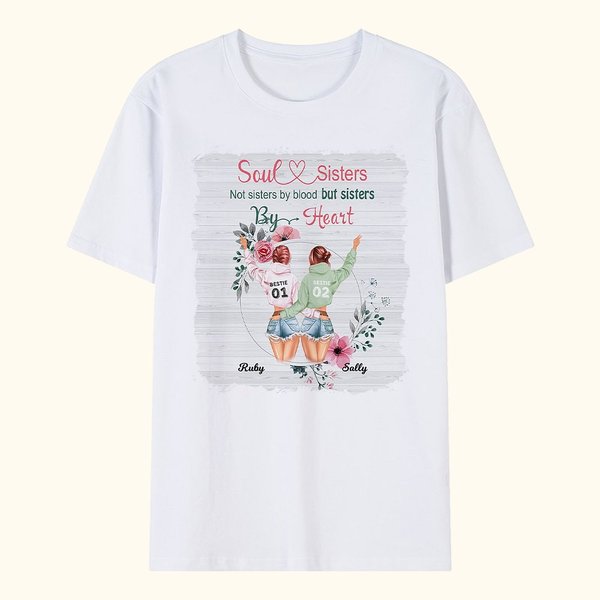Personalized Soul and Sisters By Heart Bestie Quotes T-shirt for Best Friend Sister Short Sleeve Casual Top Tee