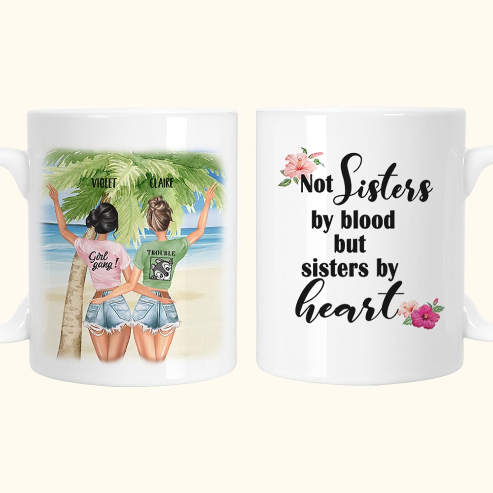 Tasse à café en céramique blanche personnalisée Pas sœurs de sang mais sœurs de cœur Coconut Tree Graduation Birthday Gift for Besties