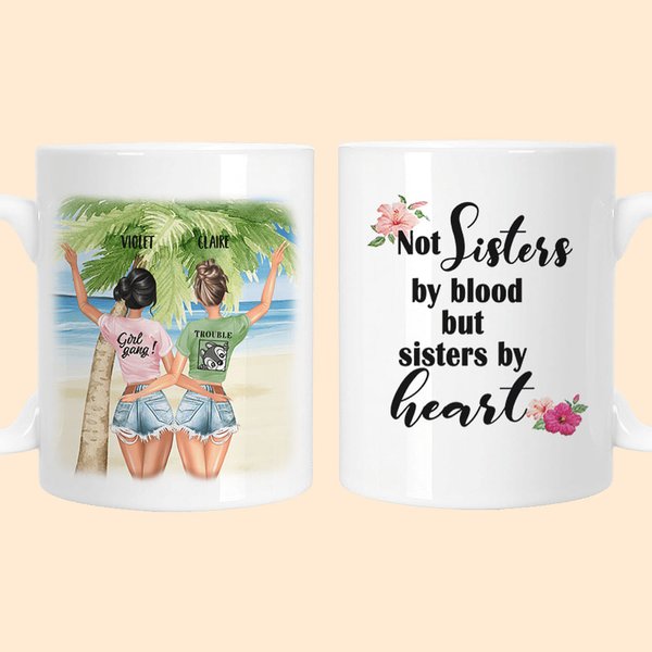 Gepersonaliseerde niet zusters door bloed, maar zusters door hart kokosnoot boom wit keramische koffiemok afstuderen verjaardagscadeau voor Besties