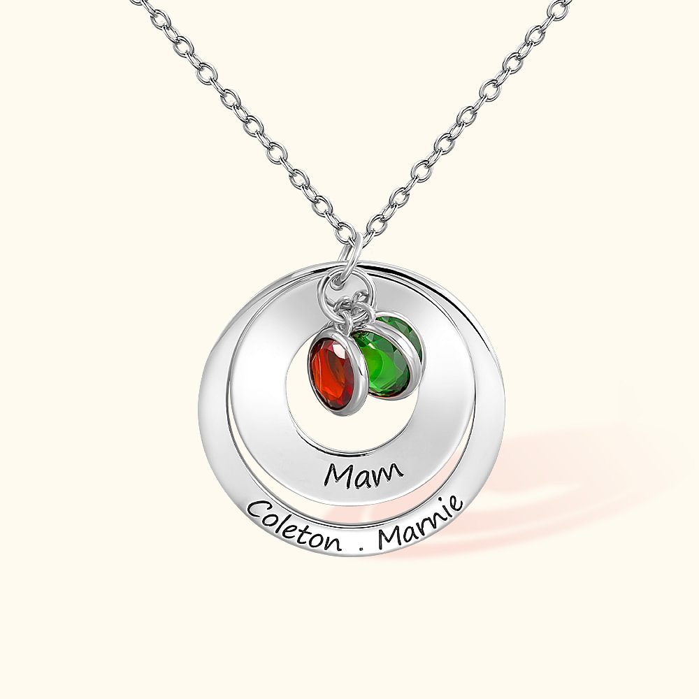 Collier Personnalisé avec Doubles Anneaux Gravé de Prénoms Mère Enfant et 1-5 Pierres de Naissance Cadeau Fête des Mères Thanksgiving pour Femme