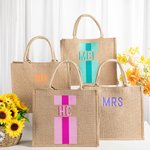 Personalized Shadow Monogram Jute Tote Carryall Bag Large Capacity Wedding Birthday Beach Holiday Gift for Her