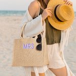 Personalized Shadow Monogram Jute Tote Carryall Bag Large Capacity Wedding Birthday Beach Holiday Gift for Her