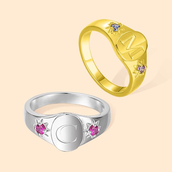 Sterling Silver Birthstones Signet Ring with Initial