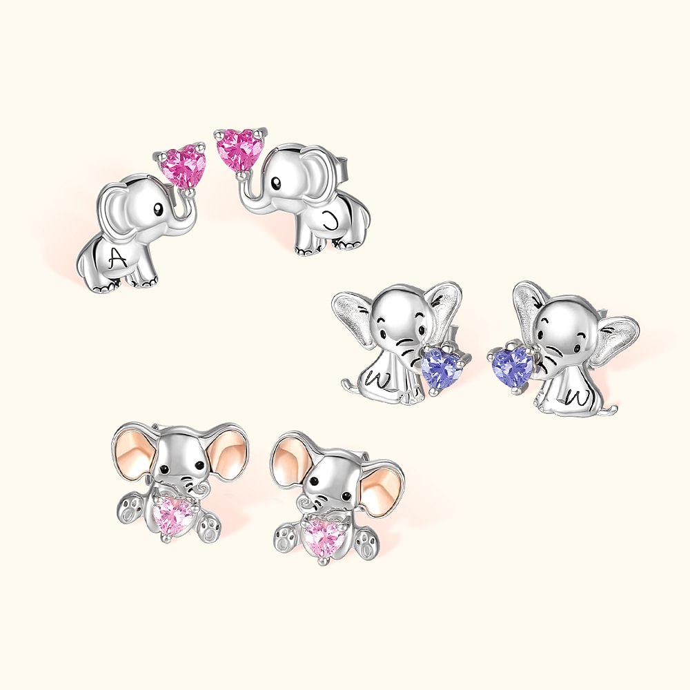 Boucles d'Oreilles Personnalisées avec Pierre de Naissance Bijoux en Argent Sterling en Forme d'Éléphant Cadeau d'Anniversaire Noël pour Femme