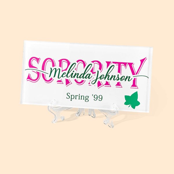 Personalized Sorority Name Acrylic Glass Plaque with Stand Graduation Keepsake Gift for Graduate