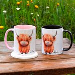 Personalised 11oz Highland Cow with Santa Hat Double-Sided Print Ceramic Mug Matching Coaster Available Christmas Gift for Cow Lovers Family