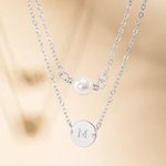 Personalized Pearl Layered Initial Disc Sterling Silver Necklace Birthday Anniversary Christmas Gift for Woman Girlfriend