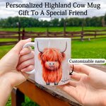 Personalised 11oz Highland Cow with Santa Hat Double-Sided Print Ceramic Mug Matching Coaster Available Christmas Gift for Cow Lovers Family
