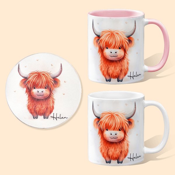 11oz Highland Cow Print Ceramic Mug & Coaster Set