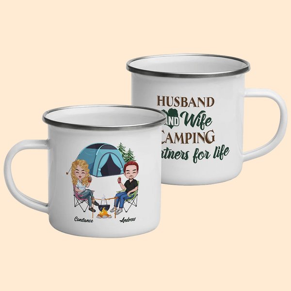Gepersonaliseerde echtgenoot en echtgenote Camping Partners voor het leven emaille mok Gifts voor kamperen echtpaar Gift