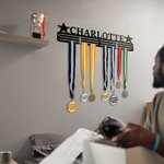 Personalized Medal Name Hanger Holder Award Display Rack with Stars Decoration Metal Art Sign Gift for Winner Athletes Researcher