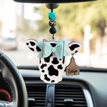 Personalized Highland Cattle Cow with Bow Rear View Mirror Wood Car Charm with Engraved Name Tag Birthday Gift for Cow Lover