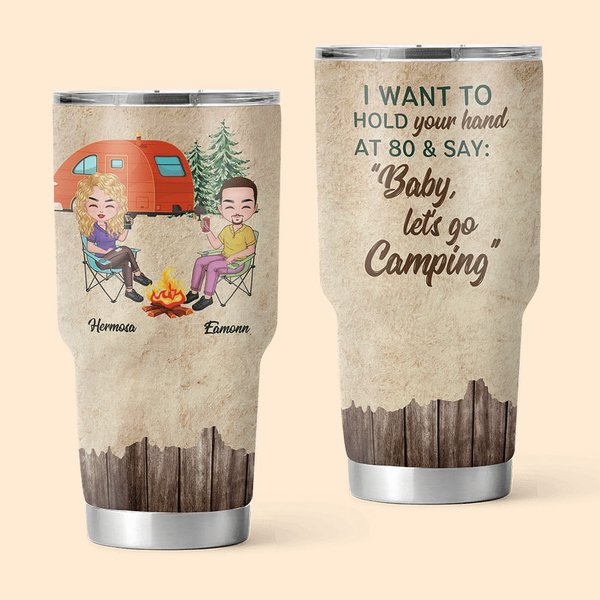 Vaso de camping personalizado con fondo de madera y hoguera 30oz Regalo para parejas