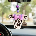Personalized Highland Cattle Cow with Bow Rear View Mirror Wood Car Charm with Engraved Name Tag Birthday Gift for Cow Lover