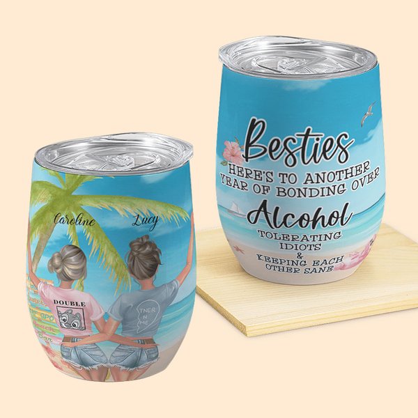 Gepersonaliseerde Beach Seagull Vacation Alcohol Tolerating Idiots Keeping Each Other Sane Wine Tumbler Besties Gifts Gemakkelijk schoon te maken