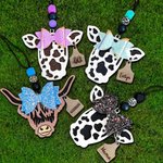 Personalized Highland Cattle Cow with Bow Rear View Mirror Wood Car Charm with Engraved Name Tag Birthday Gift for Cow Lover