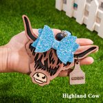 Personalized Highland Cattle Cow with Bow Rear View Mirror Wood Car Charm with Engraved Name Tag Birthday Gift for Cow Lover